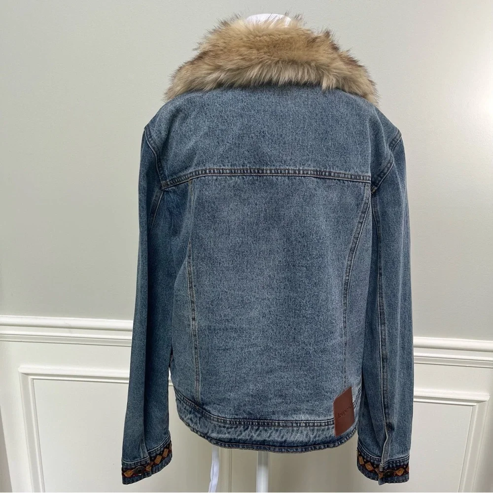Desigual Denim Camouflage Jean Jacket with Faux Fur XL - Picture 5 of 15